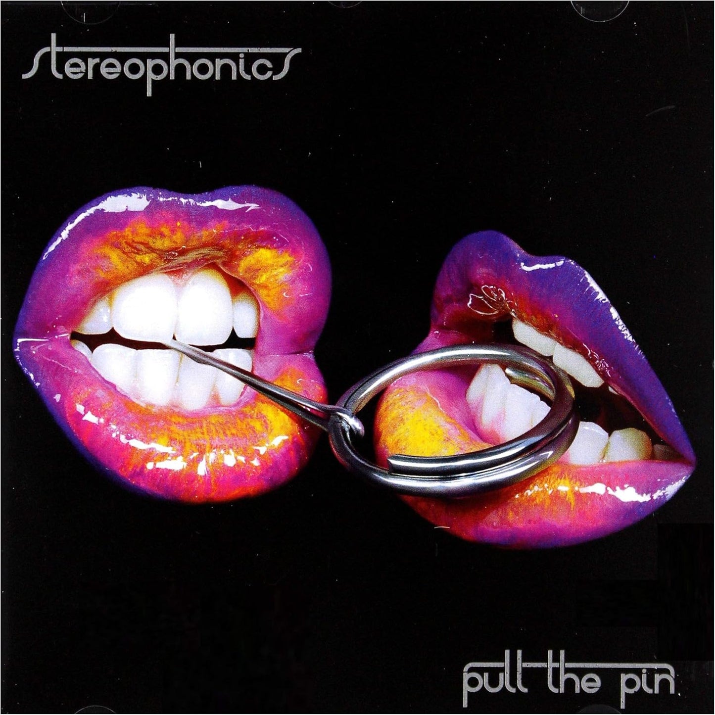 Album cover with colorful lips and a ring, featuring the band Stereophonics and album title 'Pull the Pin'.