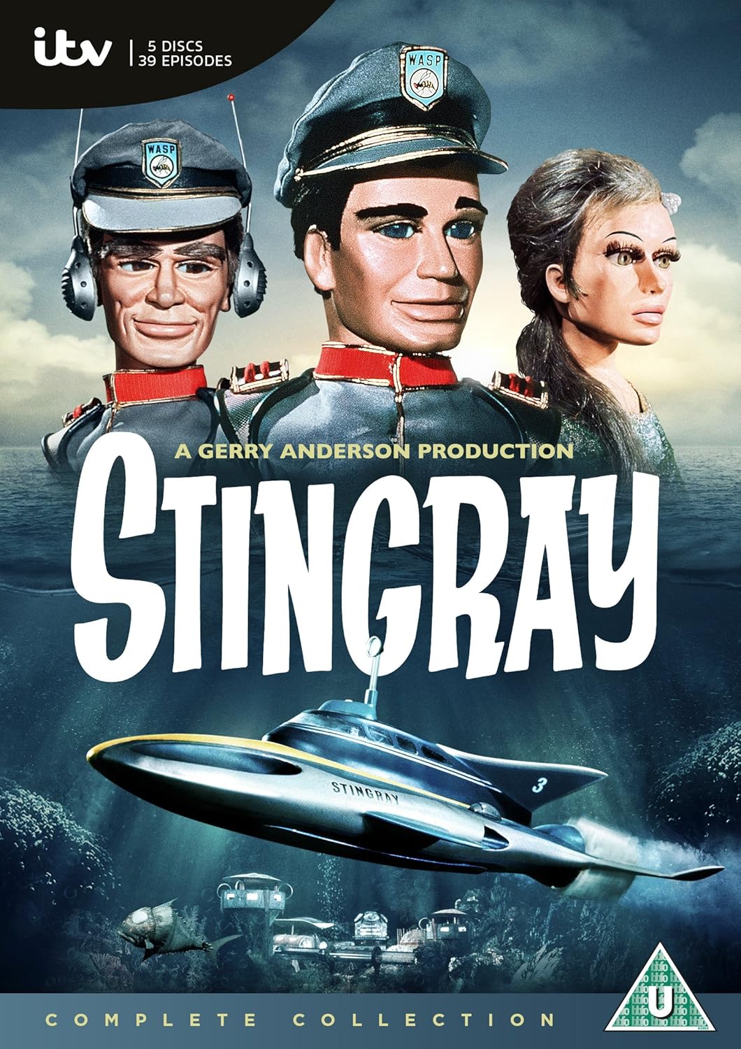 Stingray complete collection DVD cover featuring puppet characters in military uniforms, a large white 'Stingray' title, and a silver submarine underwater against a cloudy sky background.