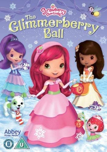 Front cover artwork for 'The Glimmerberry Ball' from Strawberry Shortcake, featuring the main character in a pink gown in the center, with other characters and snowy winter-themed graphics on a purple background.