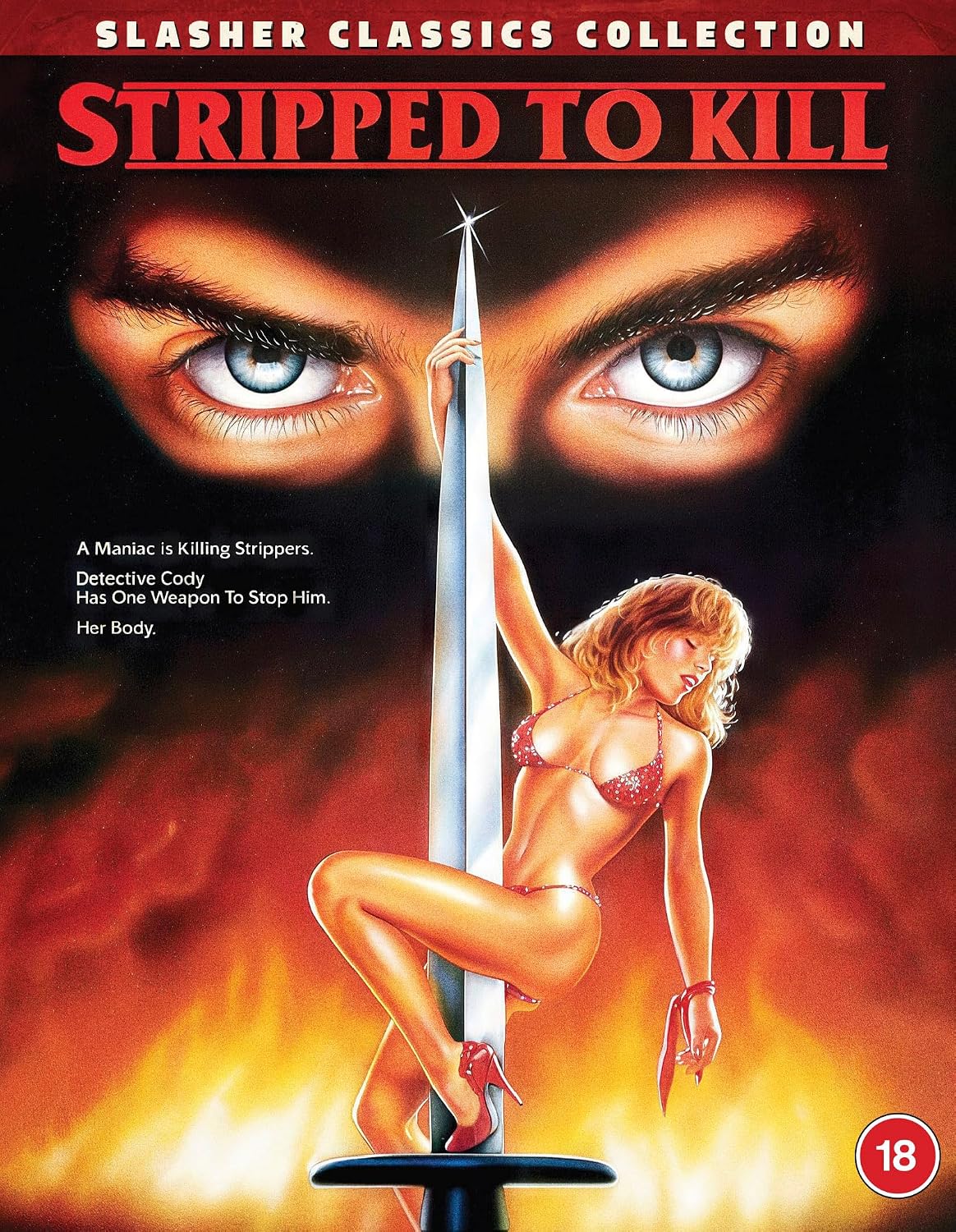 Movie poster for 'Stripped to Kill' featuring a woman holding a sword with fiery background.