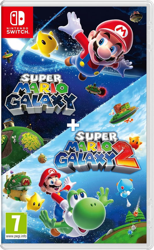Super Mario Galaxy and Super Mario Galaxy 2 packaging for Nintendo Switch with characters and game elements.