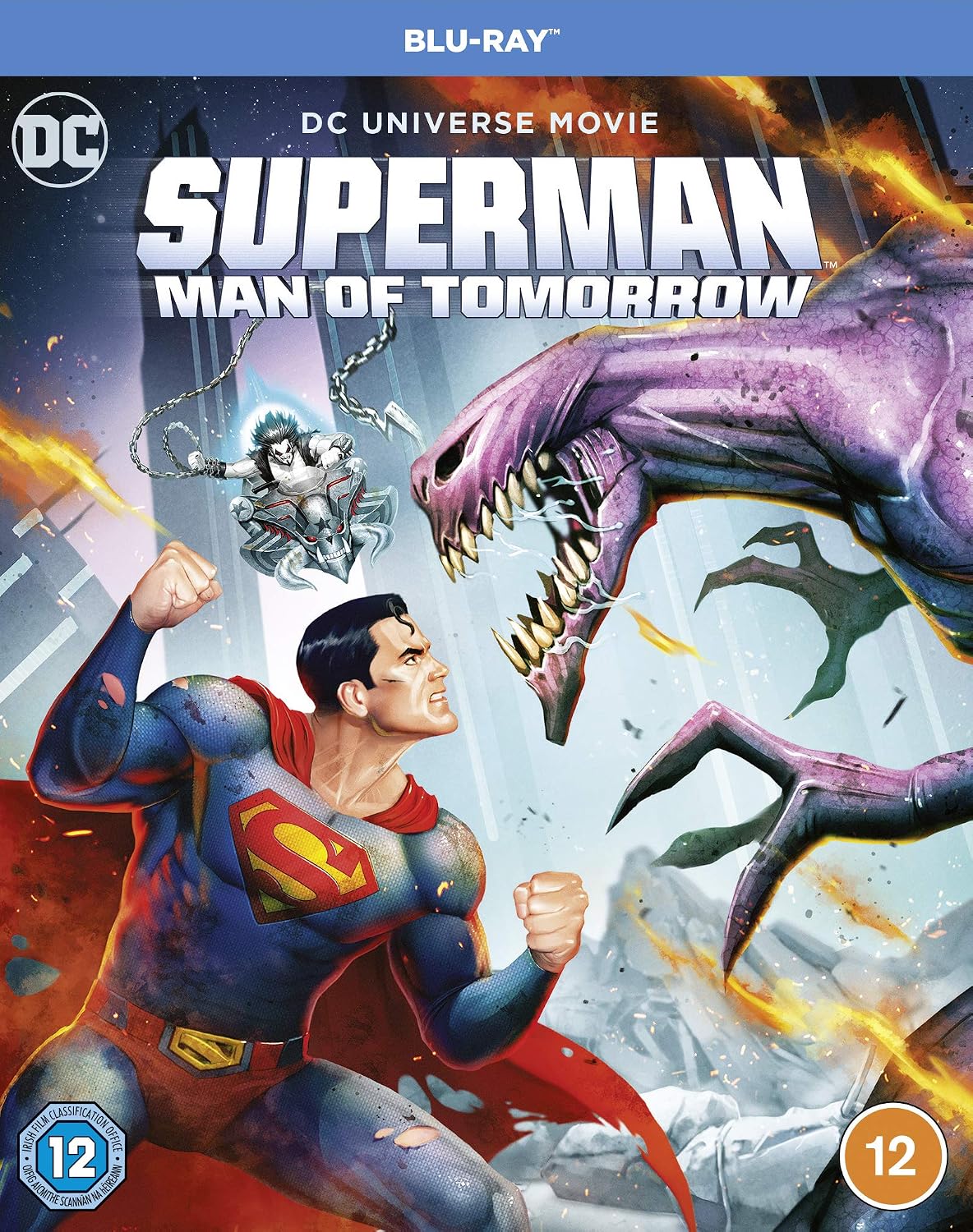 Blu-ray cover of 'Superman: Man of Tomorrow' featuring Superman and a creature.