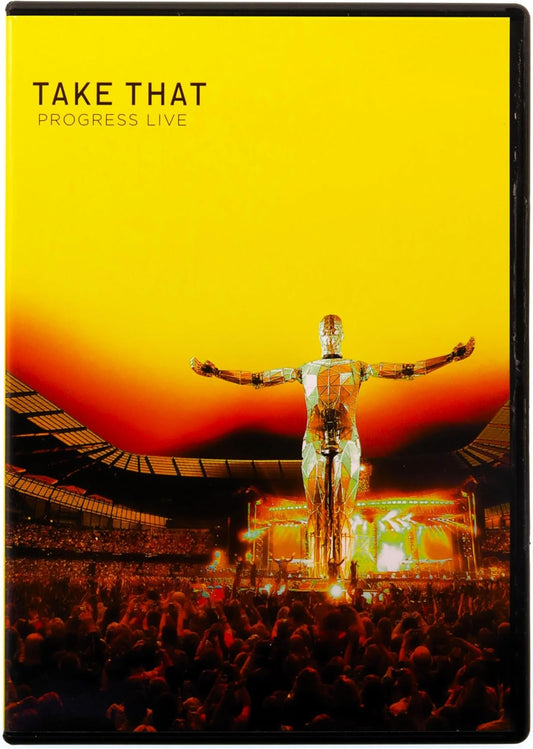 DVD cover of 'Take That Progress Live' with a stage and crowd on a yellow background