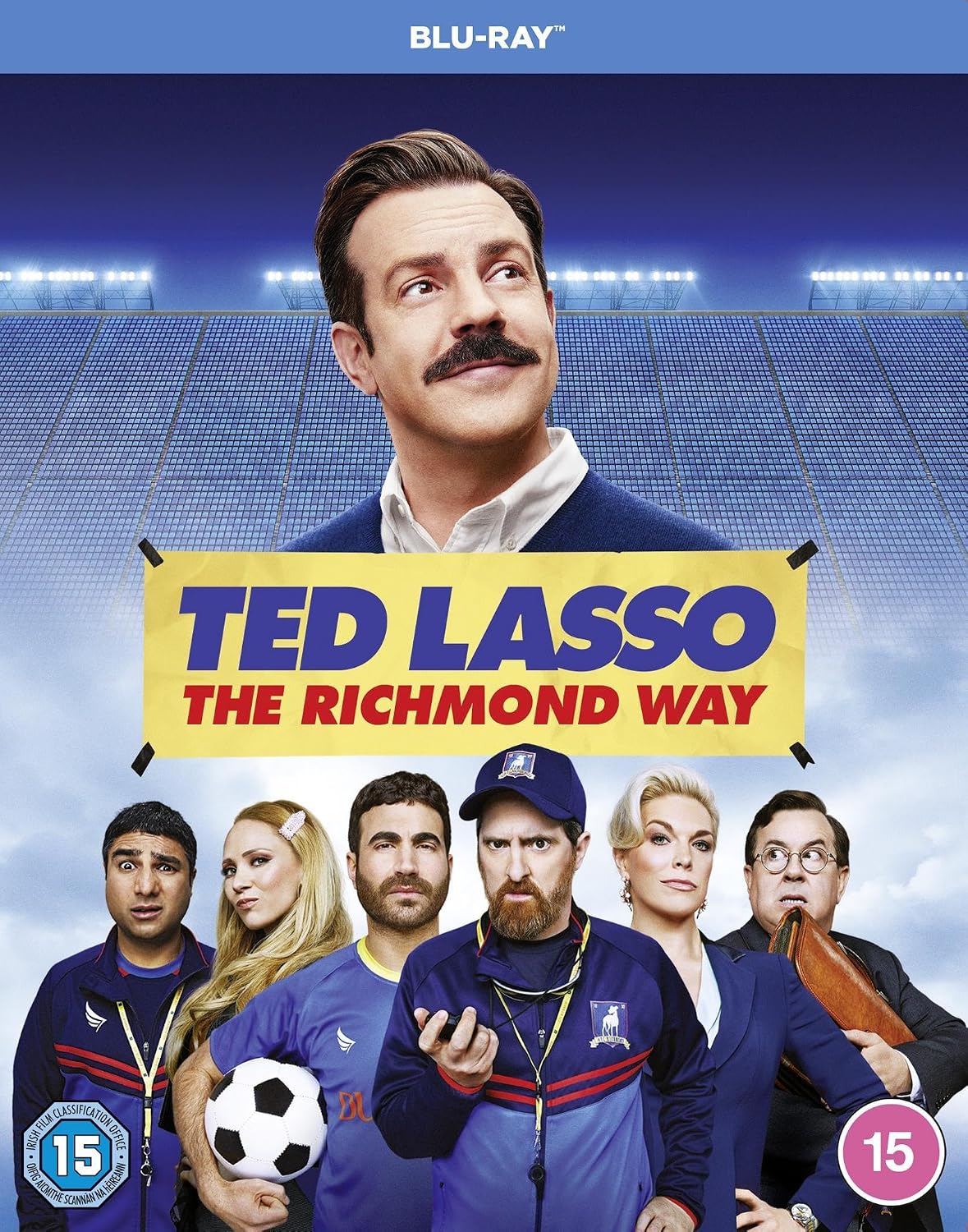 Blu-ray cover of 'Ted Lasso: The Richmond Way' with characters and stadium background