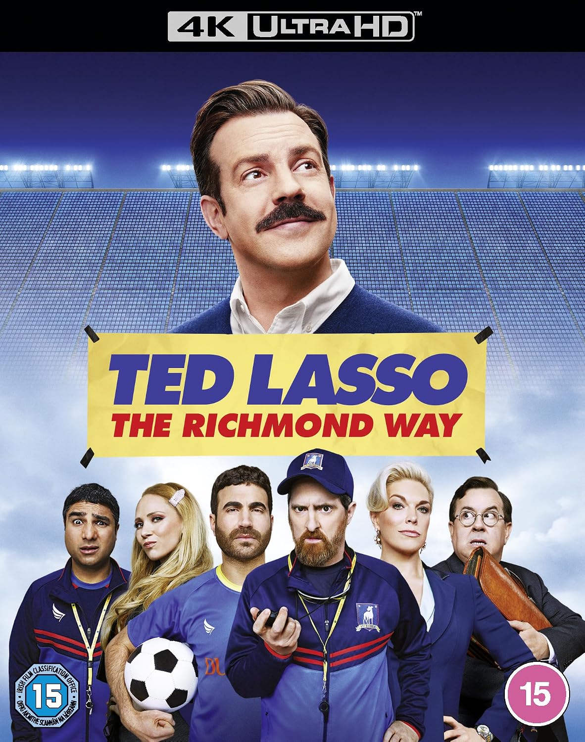 4K Ultra HD movie cover for 'Ted Lasso: The Richmond Way' featuring the cast in sports apparel against a stadium background, with the title prominently displayed on a yellow banner.