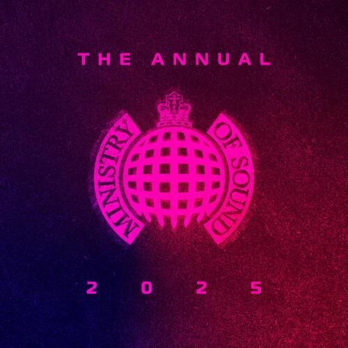 A square graphic design with the words 'THE ANNUAL' at the top and '2025' at the bottom, centered around a stylized neon pink Ministry of Sound globe emblem on a dark purple-to-red textured background.