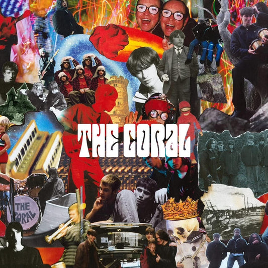 Collage with 'The Coral' band name in the center, featuring various people and objects.