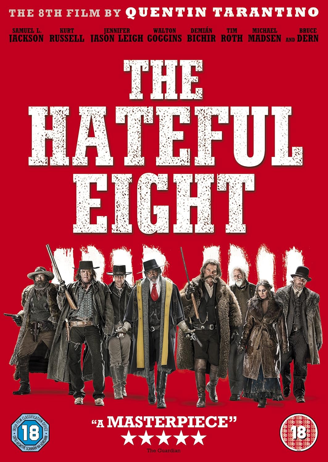 Movie poster for 'The Hateful Eight' featuring eight characters in front of a red background.