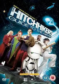 DVD cover of 'Hitchhiker's Guide to the Galaxy' with characters and robot.