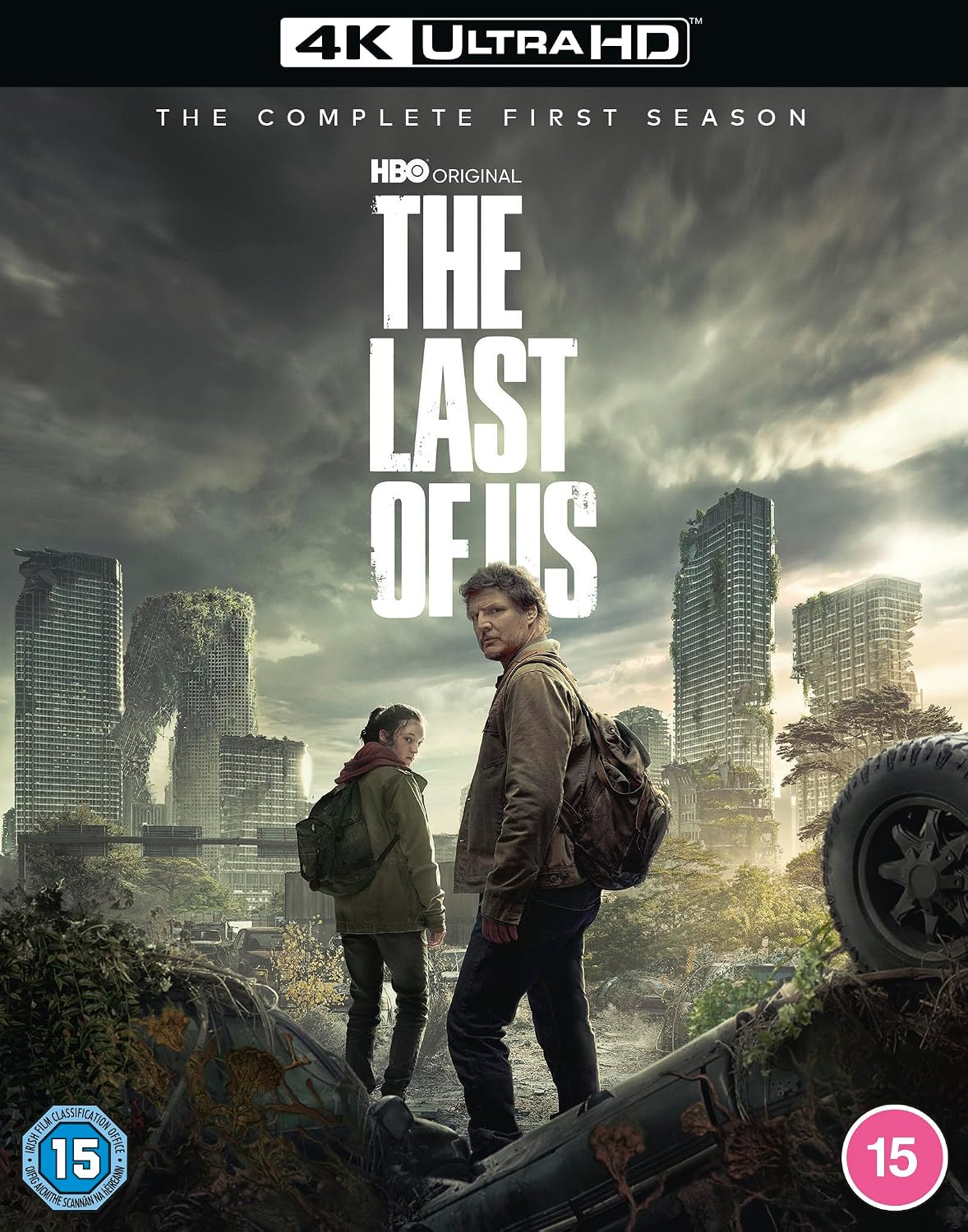 DVD cover of 'The Last of Us' with two characters and a destroyed cityscape.