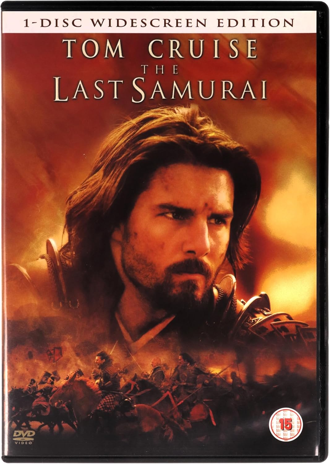 DVD cover of 'The Last Samurai' featuring Tom Cruise with a fiery background