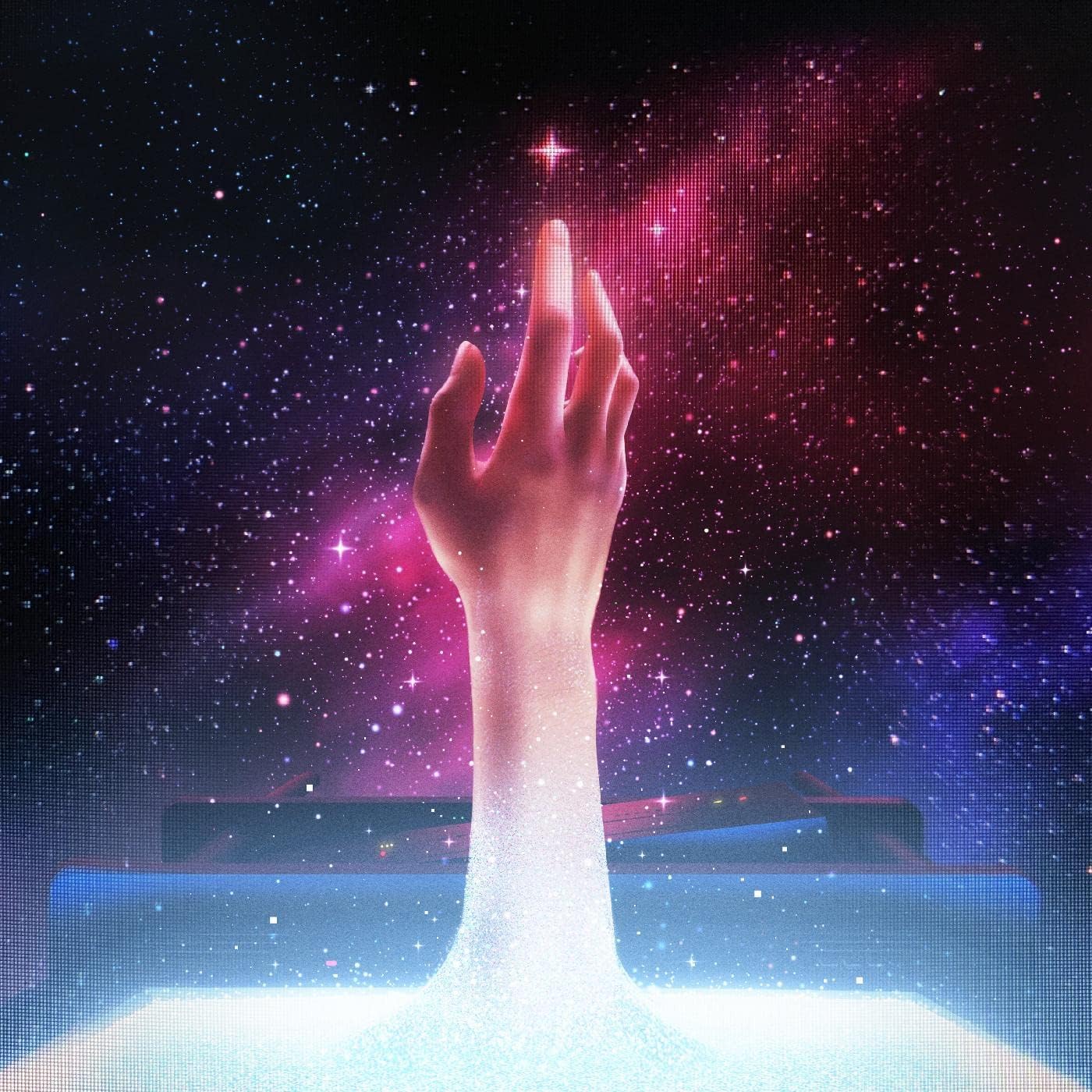 Hand reaching towards a star in a cosmic background