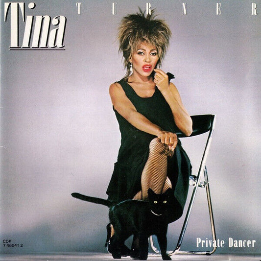 The cover of the Tina Turner Private Dancer CD features an image of Tina Turner with a black cat on her lap, seated in a chair. She is wearing a black dress and has a dynamic, striking pose.