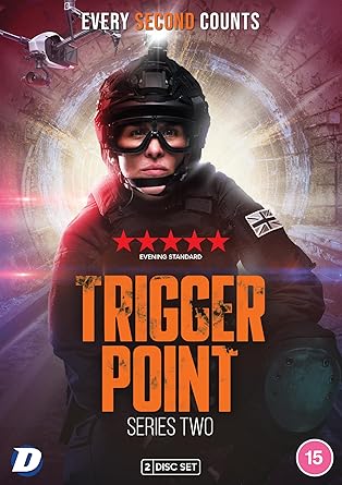 Promotional poster for 'Trigger Point' Series Two with a person in tactical gear and text about the show.