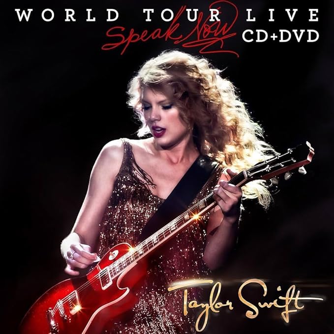 Cover of the Taylor Swift 'Speak Now World Tour Live' CD and DVD set, featuring a photograph of Taylor Swift with a guitar.