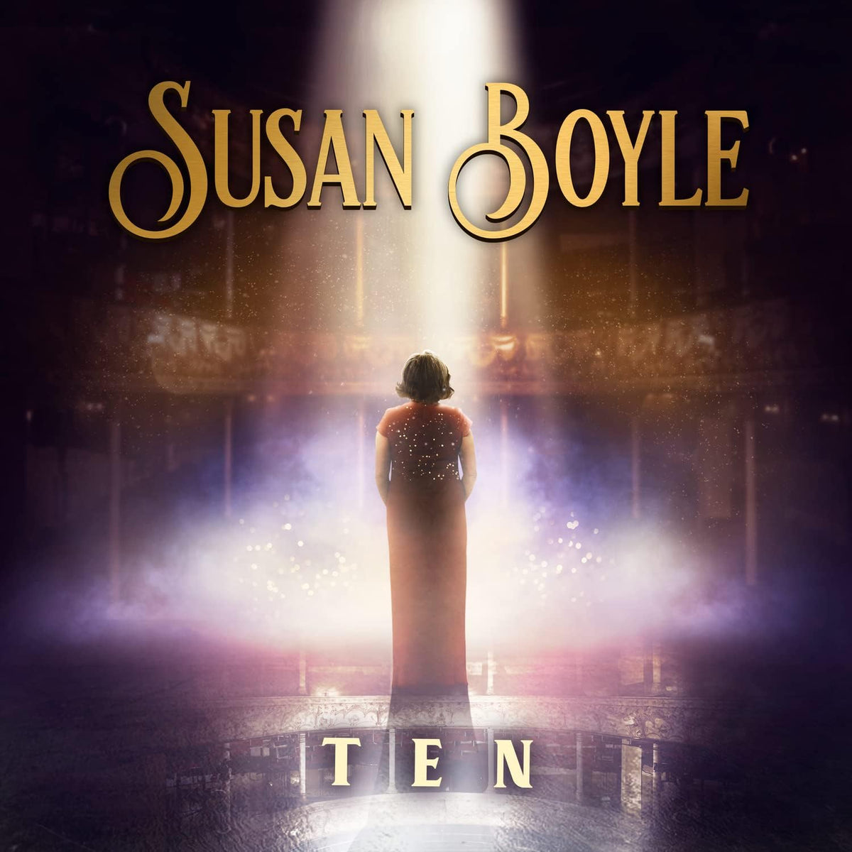 Album cover featuring a person in a red dress on a stage with 'Susan Boyle Ten' text.