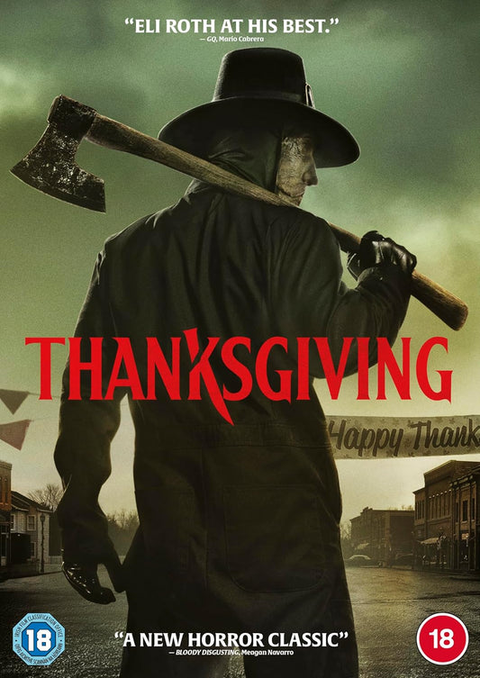 Movie poster for 'Thanksgiving' featuring a person with an axe, set against a desolate town backdrop.