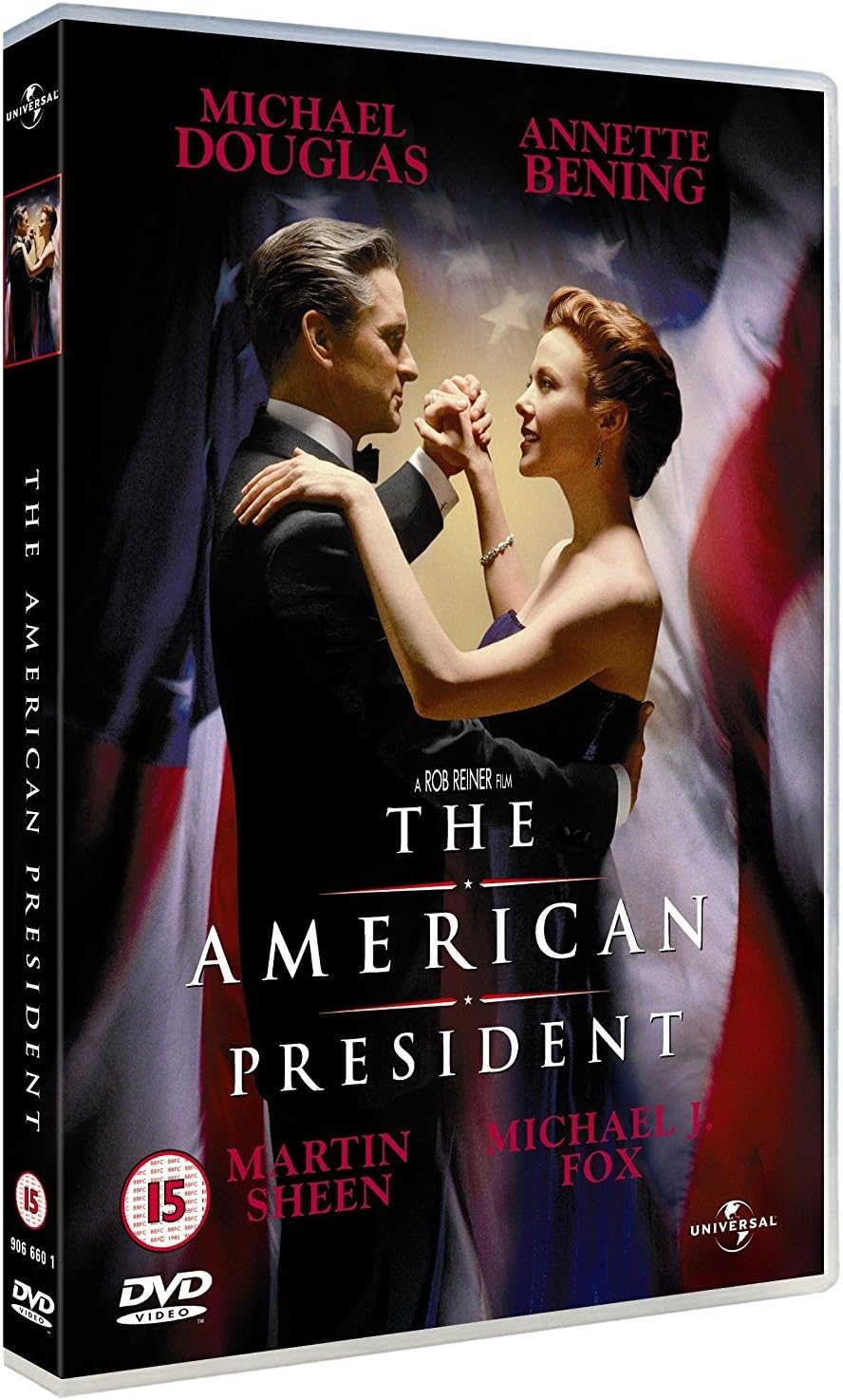 DVD cover for the movie 'The American President' featuring Michael Douglas and Annette Bening on the front cover, with cast names, title text, and a Universal logo visible.