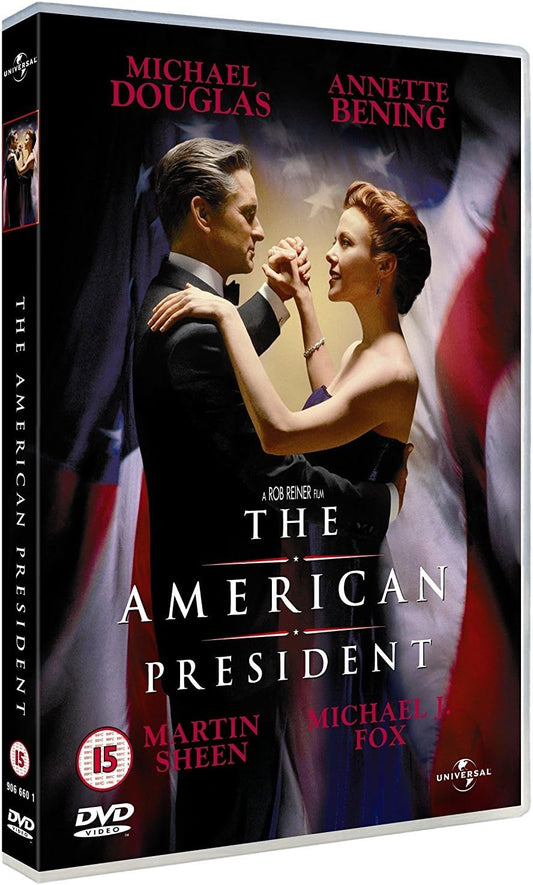 DVD cover for the movie 'The American President' featuring Michael Douglas and Annette Bening on the front cover, with cast names, title text, and a Universal logo visible.