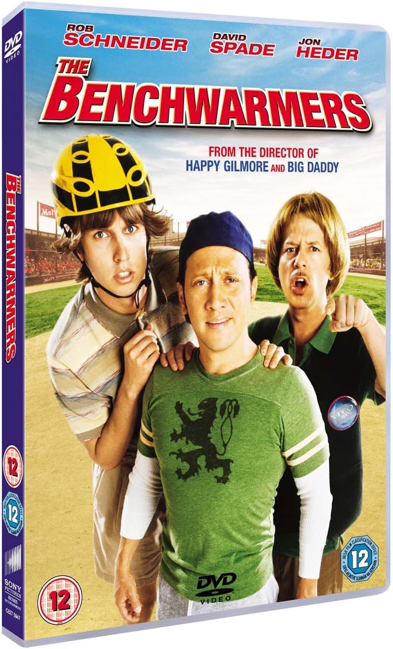 DVD cover for the movie 'The Benchwarmers' featuring Rob Schneider, David Spade, and Jon Heder in sports jerseys on a baseball field, with a blue spine and age rating badges.