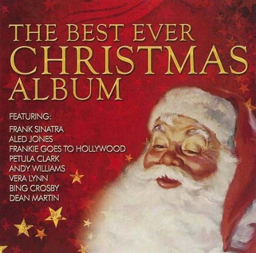 Album cover for 'The Best Ever Christmas Album' featuring a painted Santa Claus on a red background with gold stars and large gold title text.