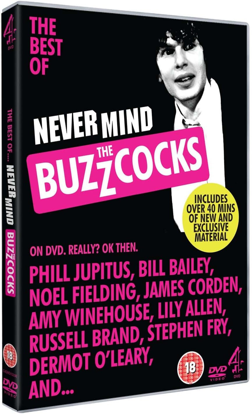 The Best of Never Mind the Buzzcocks DVD box set, featuring a black cover with bold white and pink text, a black-and-white portrait of Phil Jupitus, and a yellow circular badge.