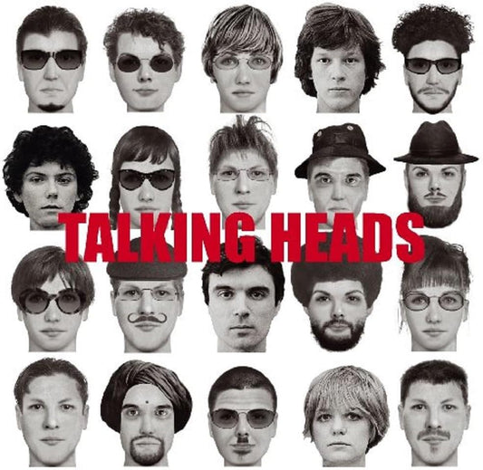 Square album-style artwork featuring a grid of black-and-white portrait photos of the same man with different hairstyles, sunglasses, hats, and facial hair, overlaid with large red text reading “TALKING HEADS.”.
