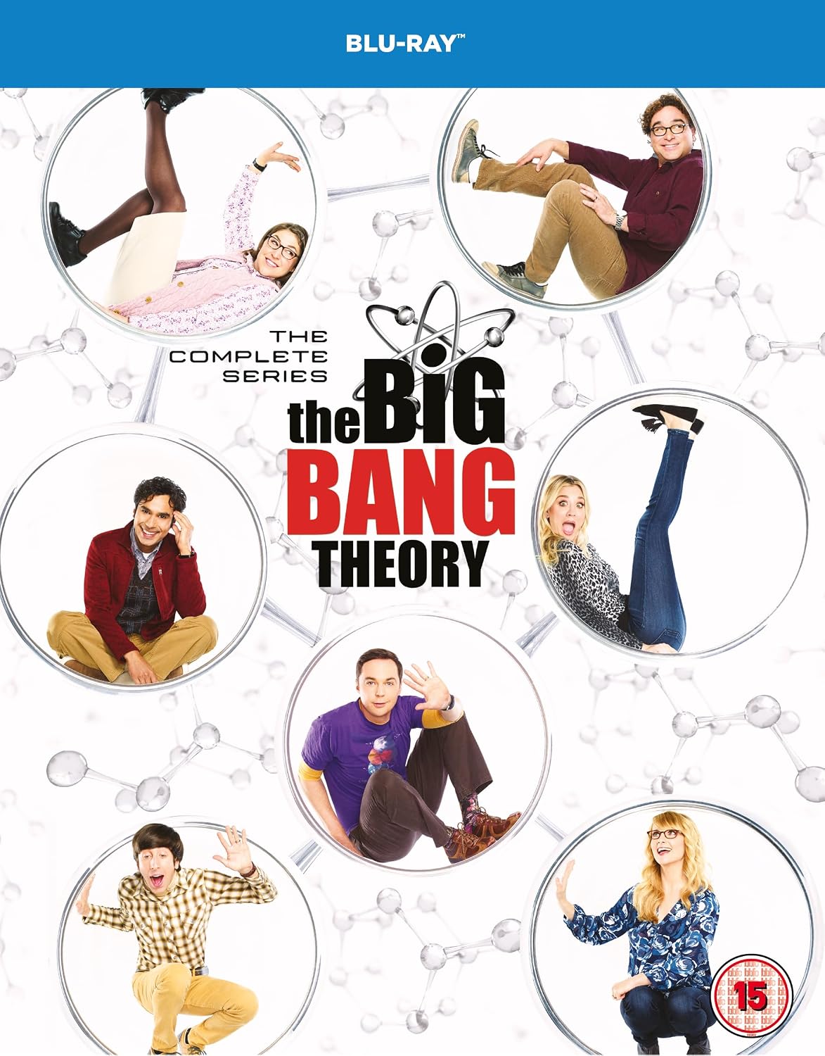 Blu-ray cover of 'The Big Bang Theory' complete series with character images and title.