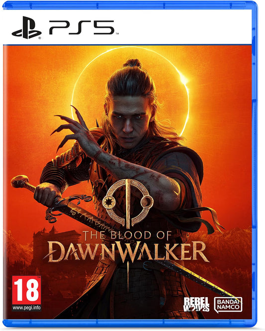 PS5 game case for The Blood of Dawnwalker, featuring cover art of a warrior holding a sword against an orange sunset with a glowing sun halo. The PS5 logo is visible at the top, with PEGI 18, Rebel Mods, and Bandai Namco logos at the bottom.