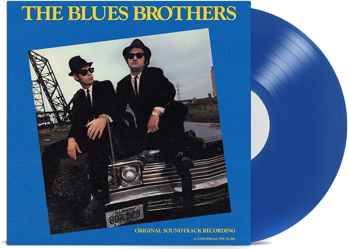 Blue vinyl record with 'The Blues Brothers' cover featuring two men in suits sitting on a car.