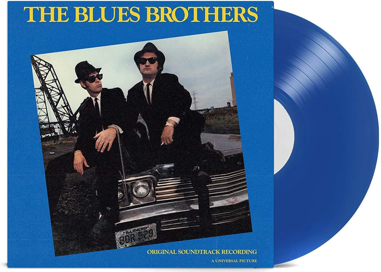 Blue vinyl record with 'The Blues Brothers' cover featuring two men in suits sitting on a car.