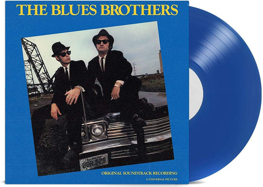 Blue vinyl record with 'The Blues Brothers' cover featuring two men in suits sitting on a car.
