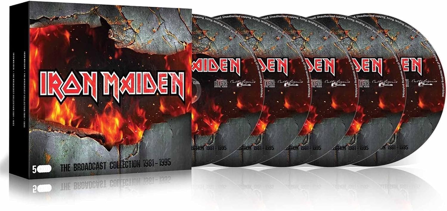 Iron Maiden 'The Broadcast Collection' 5CD box set, showing the black and red album cover box alongside five CD cases fanned out, all on a white reflective background.