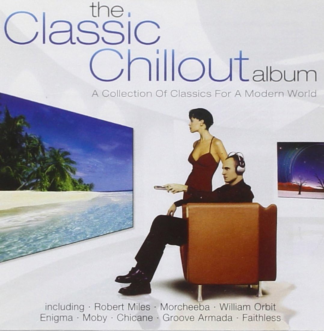 Album cover for 'The Classic Chillout Album' featuring a couple by a pool with scenic views.