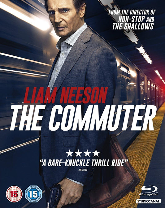 Movie poster for 'The Commuter' featuring Liam Neeson on a train platform.