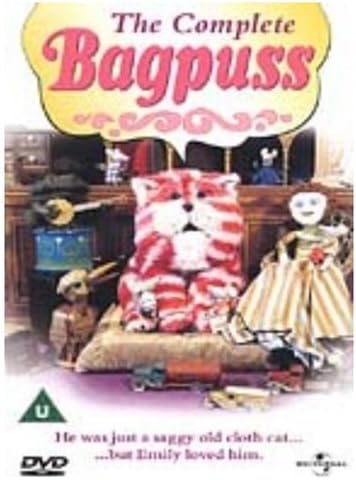 The Complete Bagpuss DVD cover featuring a red-and-white striped cat puppet in a room with other puppet characters and props, under a large yellow title bubble.