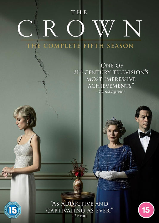 The Crown Season 5 DVD cover featuring Queen Elizabeth in a white gown, Queen Elizabeth II in a blue patterned dress, and Prince Philip in a black tuxedo against a dark green background with the title 'THE CROWN' at the top.