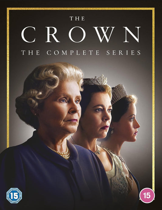 DVD box set cover for 'The Crown' complete series with three women in formal attire.