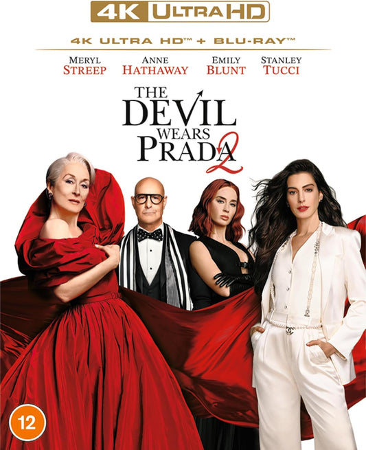 The Devil Wears Prada 4K Ultra HD + Blu-ray movie cover featuring Meryl Streep, Anne Hathaway, Emily Blunt, and Stanley Tucci in elegant red and white outfits against a white background with a black 4K Ultra HD banner at the top.