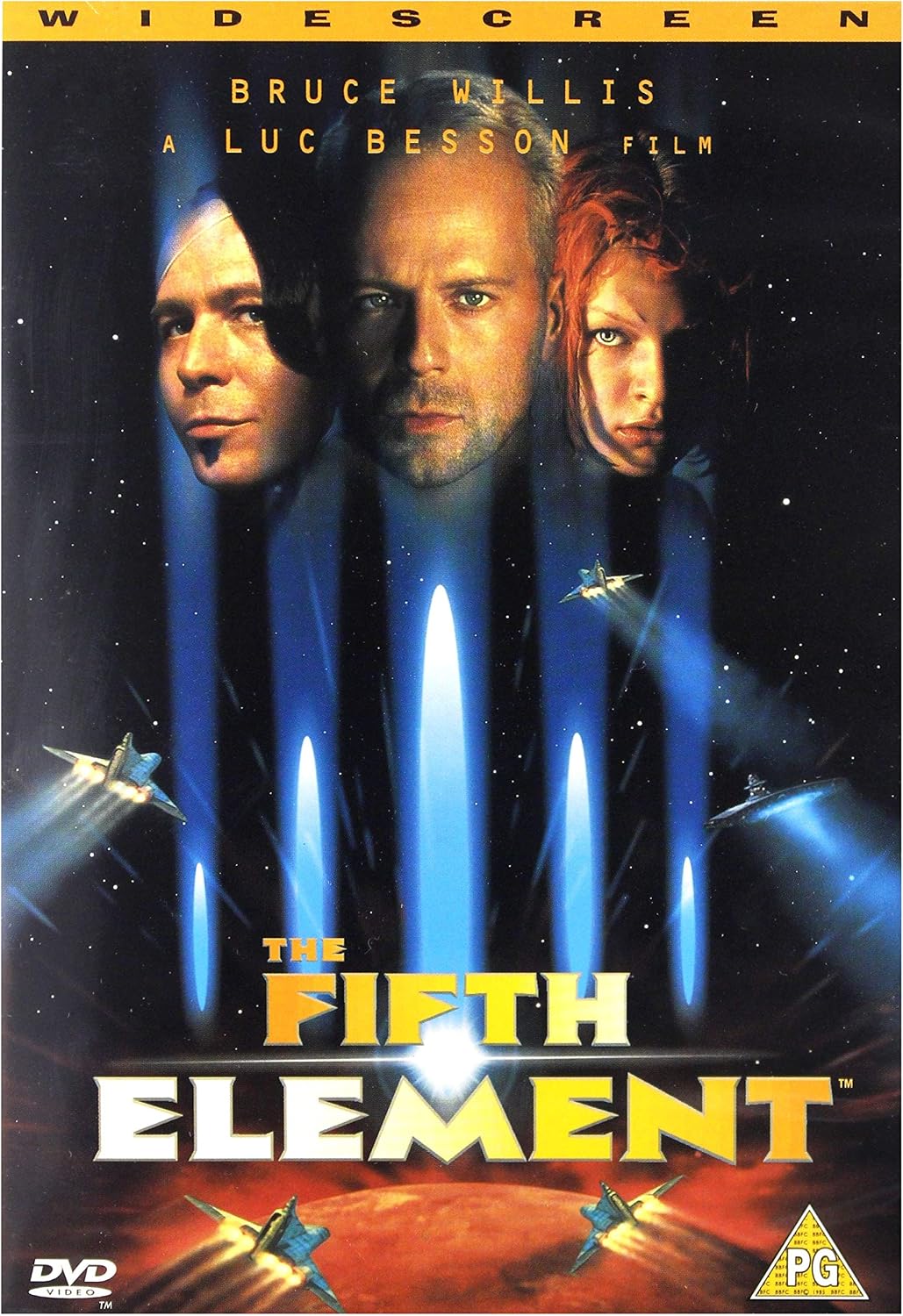 DVD cover for the movie 'The Fifth Element' featuring Bruce Willis, Jet Li, and Uma Thurman against a space background with blue energy beams and the title in large yellow and white text.
