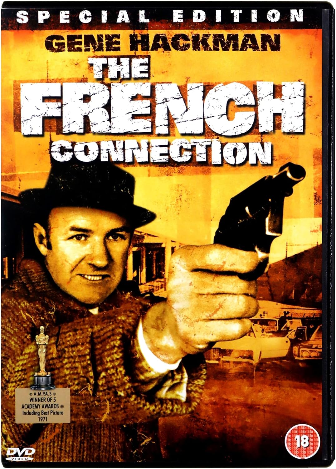 DVD cover for Gene Hackman's 'The French Connection' Special Edition, featuring a sepia-toned western design with the title in large distressed white letters and a portrait of Gene Hackman holding a gun.