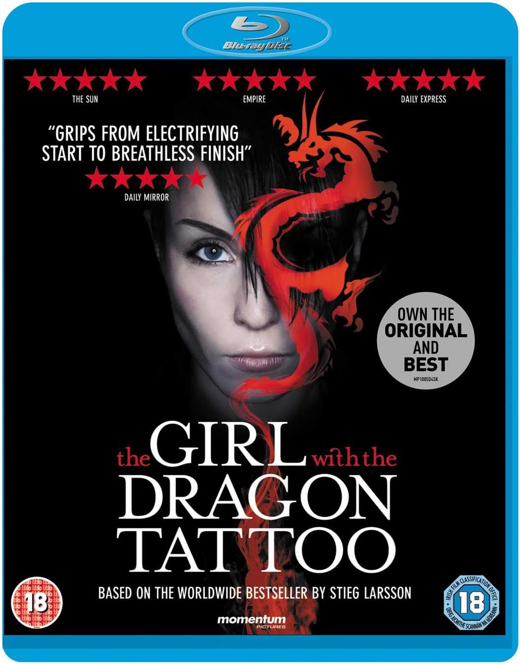 Blu-ray cover for the movie 'The Girl with the Dragon Tattoo' featuring a black background, a woman's face partially obscured by a red dragon tattoo, and a bright blue Blu-ray border with rating badges and review text.
