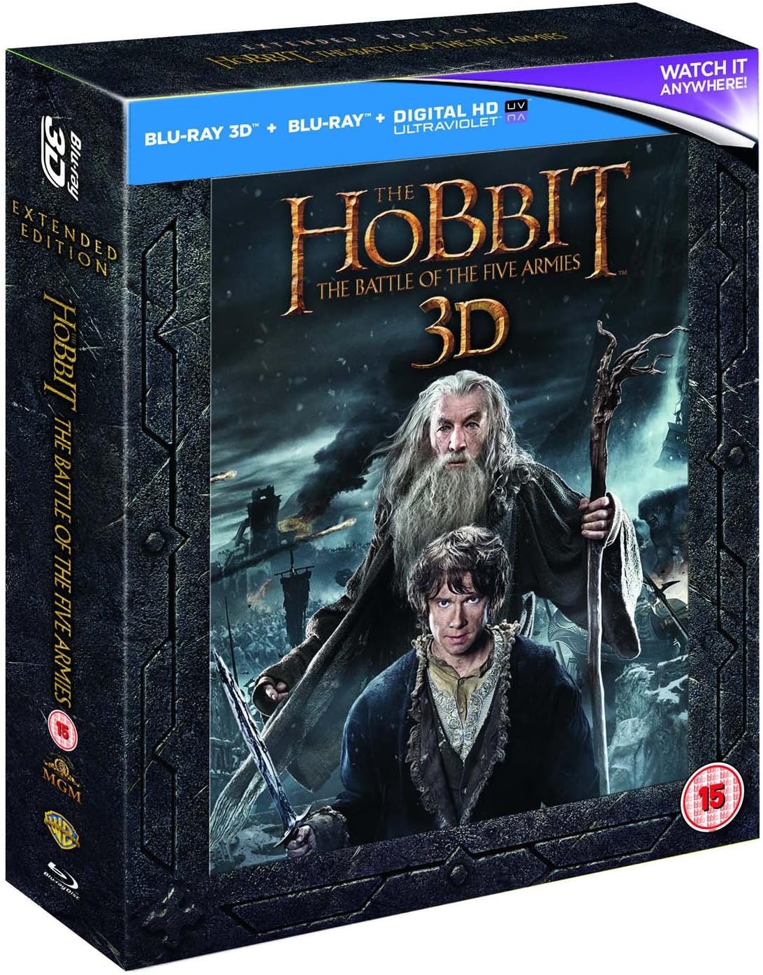 The Hobbit: The Battle of the Five Armies 3D Blu-ray box set, featuring a dark textured box with character artwork of Bilbo and Frodo, plus a blue banner at the top.