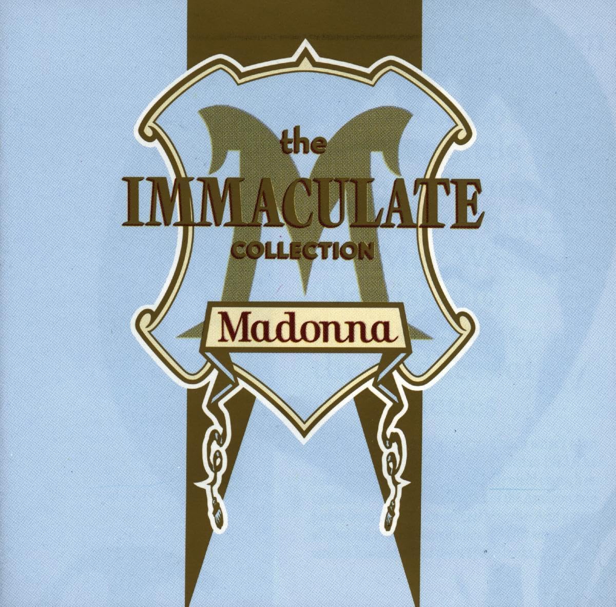 Album cover for 'The Immaculate Collection' by Madonna with decorative text and logo on a light blue background.