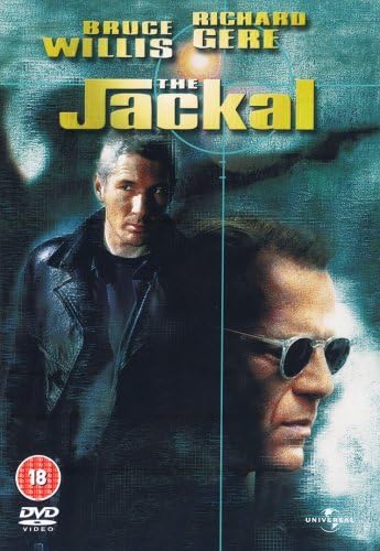 Movie poster for 'The Jackal' featuring Bruce Willis and Richard Gere with a dark and intense design.
