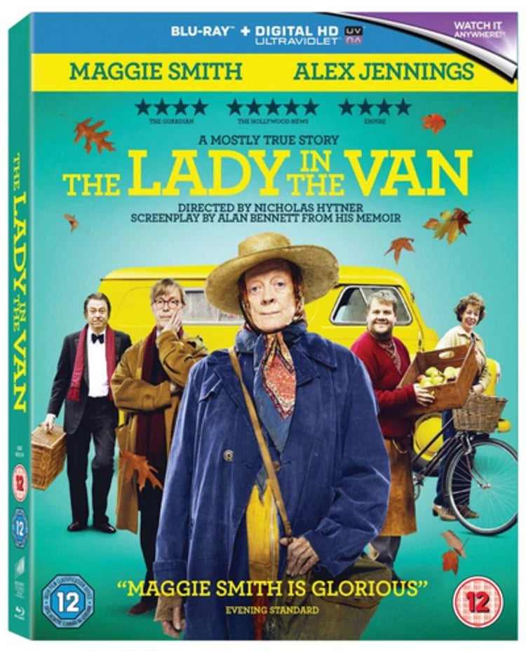 The Lady in the Van Blu-ray movie case featuring Maggie Smith and Alex Jennings, with a bright teal background, yellow title text, and illustrated characters around a vintage van.
