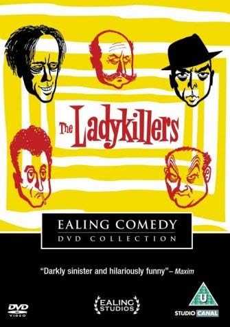 DVD cover of 'The Ladykillers' from the Ealing Comedy collection with stylized faces on a yellow background.