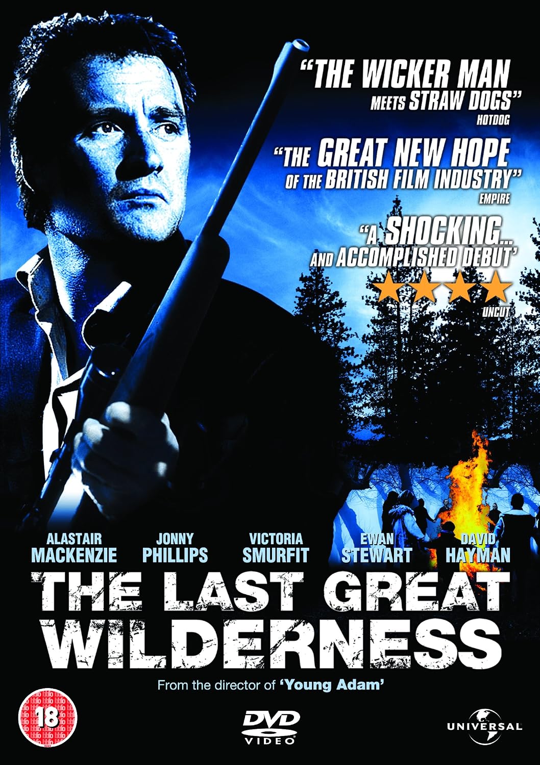 DVD cover for 'The Last Great Wilderness' featuring a dramatic blue-toned portrait of Alastair Mackenzie holding a rifle, with forest imagery, a campfire scene, and critical review quotes on a black background.