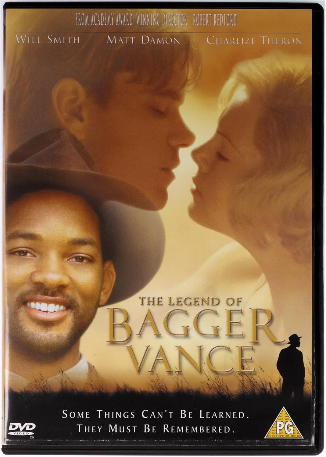 DVD cover for 'The Legend of Bagger Vance' featuring Will Smith, Matt Damon, and Charlize Theron in a warm sepia-toned design with the title in large gold lettering.