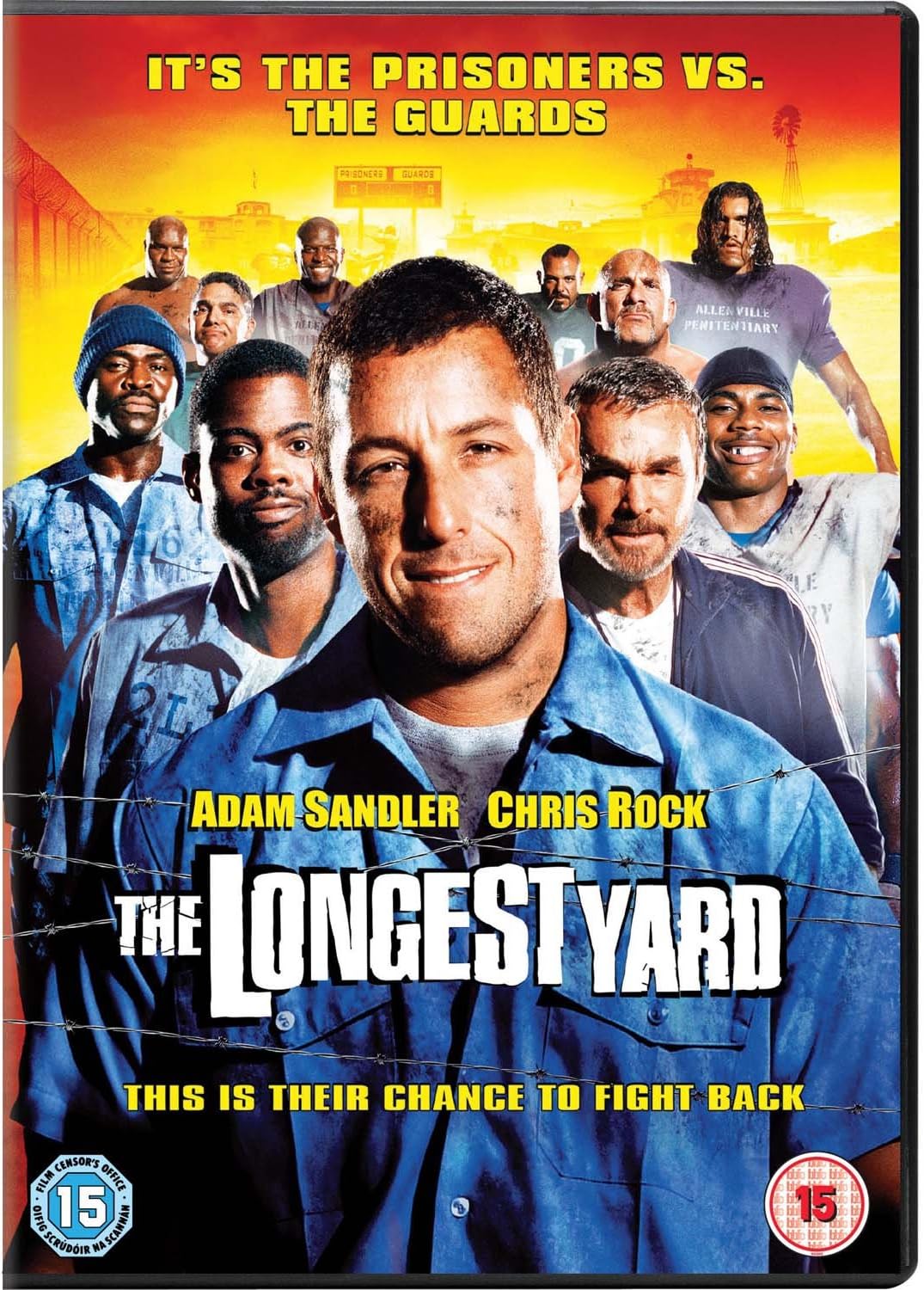 DVD cover of 'The Longest Yard' featuring a group of men in prison uniforms with a yellow background.